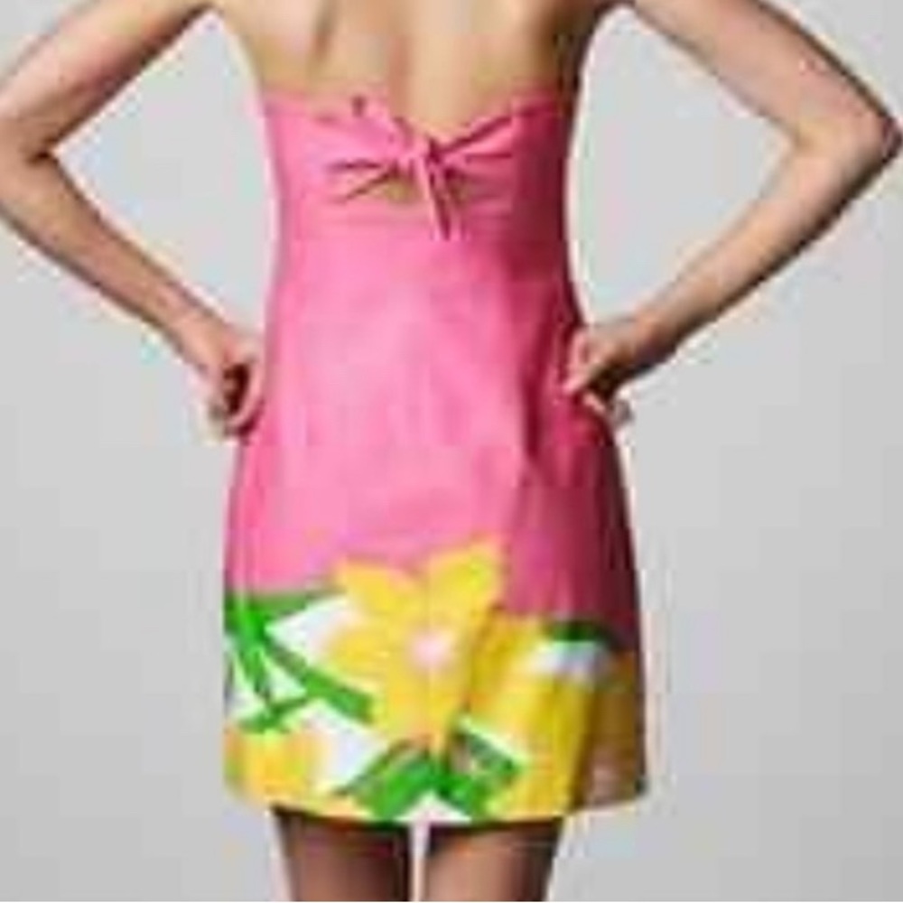 Lilly Pulitzer Strapless Mini Dress 00 Franco Dancing Daffodils Pink 100% Cotton - Picture 2 of 14